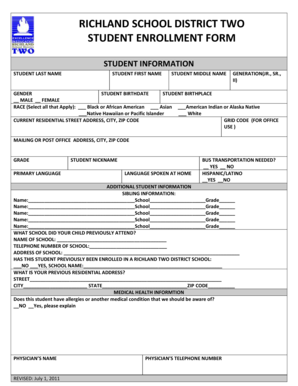 Richland School District Two Student Enrollment Form