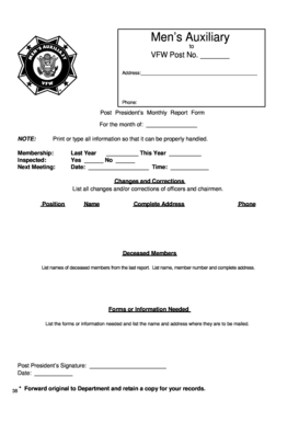 VFW Post President Monthly Report Form