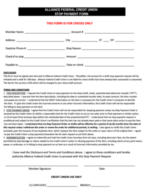 Alliance Federal Credit Union Stop Payment Form