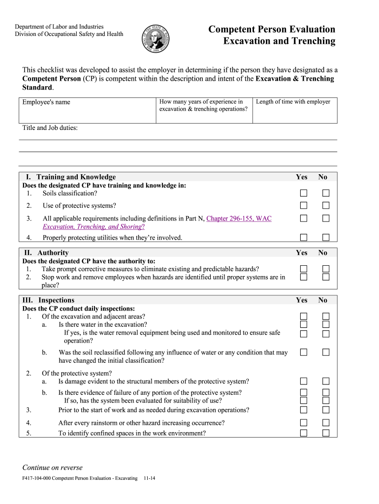 F417-104-000 Competent Person Evaluation Excavation and Trenching F417-104-000 Competent Person Evaluation Excavation and Trenching - lni wa Preview on Page 1.