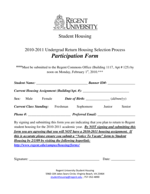 Regent University Student Housing Return Form