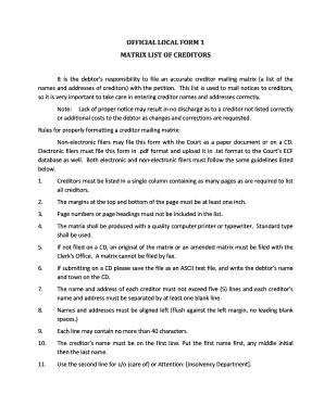 Matrix List of Creditors