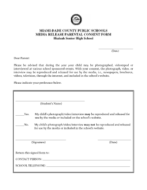 Miami-Dade County Media Release Parental Consent Form