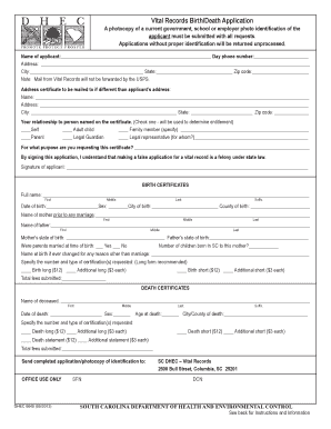 South Carolina Birth/Death Certificate Application