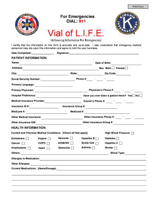 Vial of L.I.F.E. Emergency Medical Information Form