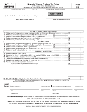 Nebraska Tobacco Products Tax Return Form 56