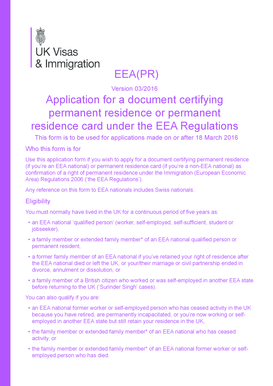 EEA(PR) Application for a document certifying permanent residence or ...