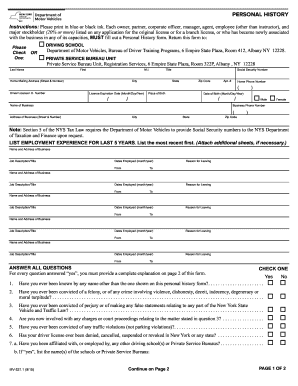 New York Personal History Form for Driving School License