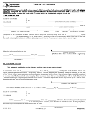 New York Claim and Release Form