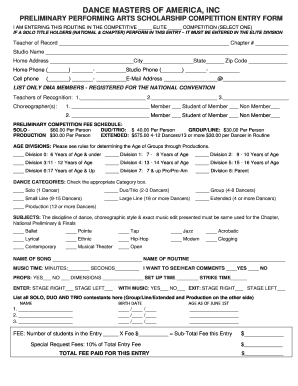 Dance Masters of America Scholarship Competition Entry Form