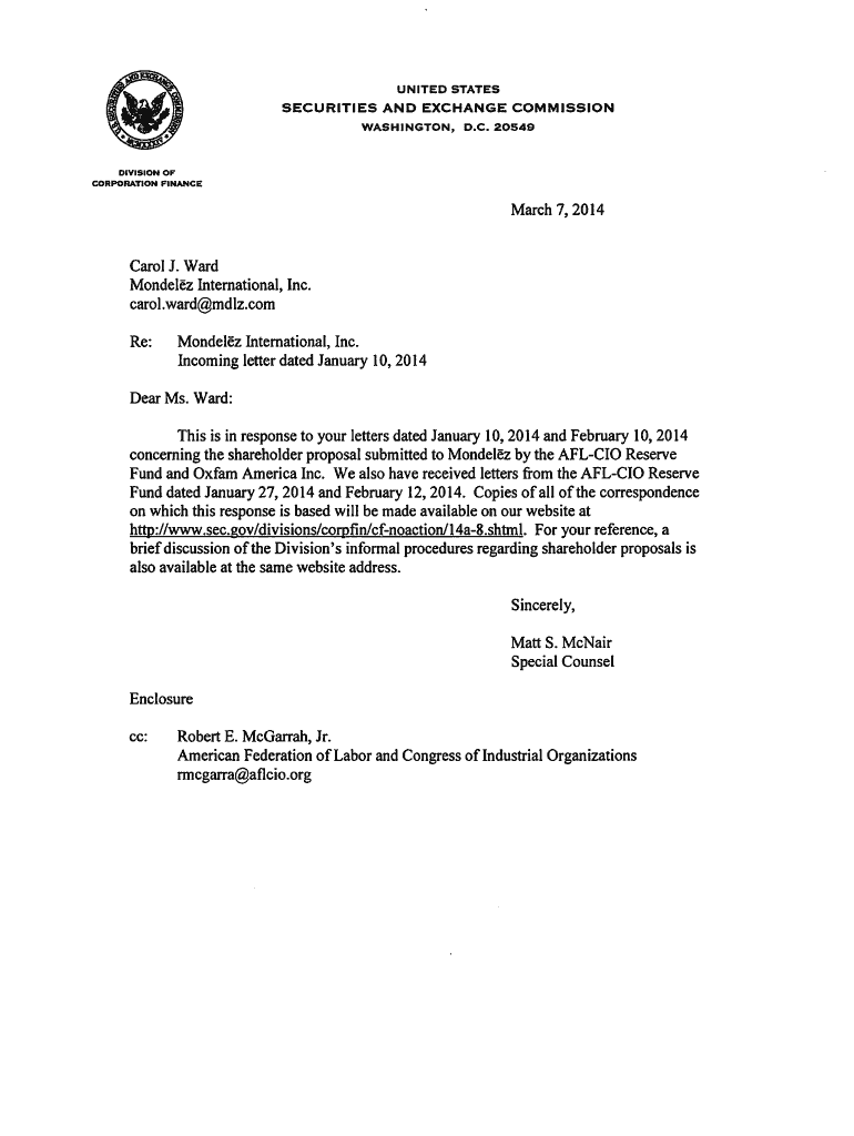 Fillable Online sec Mondelez International, Inc.; Rule 14a8 noaction