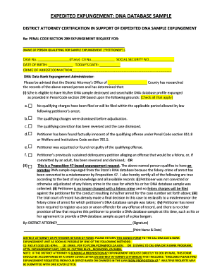 District Attorney Certification for DNA Sample Expungement