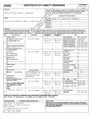 Certificate of Liability Insurance