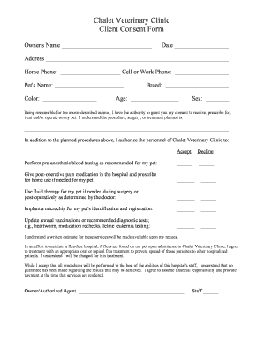 Chalet Veterinary Clinic Client Consent Form