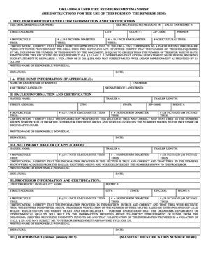 Oklahoma Used Tire Reimbursement Manifest