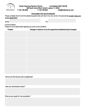Florida Veterinary Behavior Service Reexamination Questionnaire