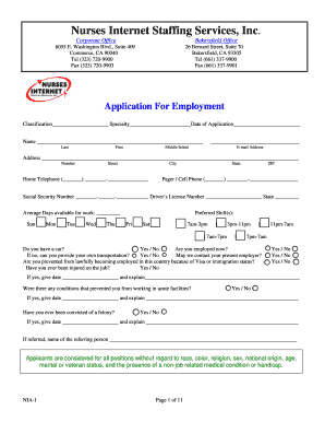 Nurses Internet Staffing Services Employment Application
