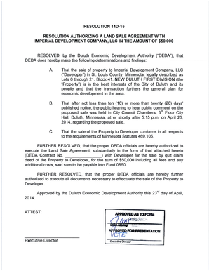 Undertaking letter - Resolution 14d-15 resolution authorizing a land sale agreement with ... - duluthmn