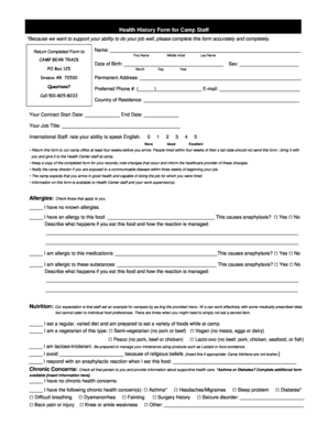Health History Form for Camp Staff