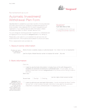 Vanguard Nonretirement Account Automatic Investment/Withdrawal Plan Form