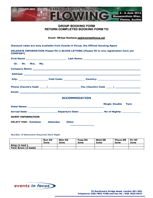 Group Booking Form for Events in Focus
