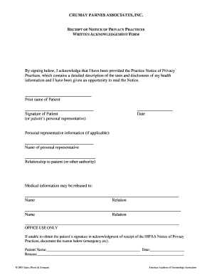 HIPAA Privacy Practices Acknowledgment Form