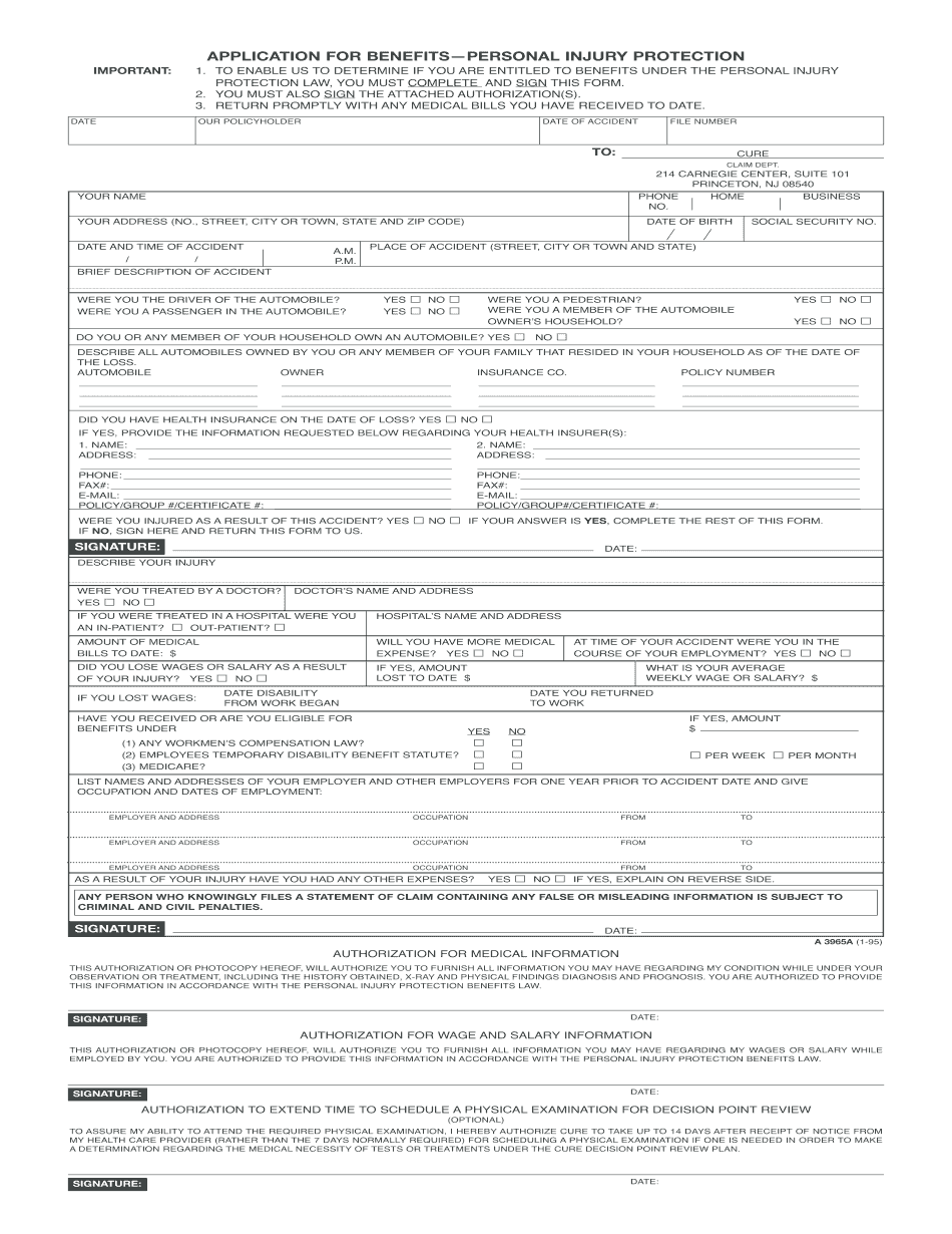 Personal Injury Protection Application Form