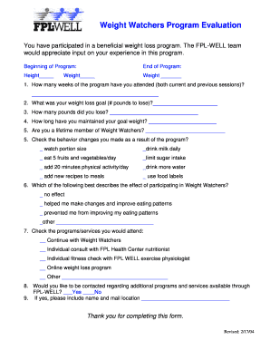 Weight Watchers Program Evaluation Form