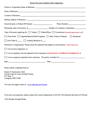 Maryland Business License Application