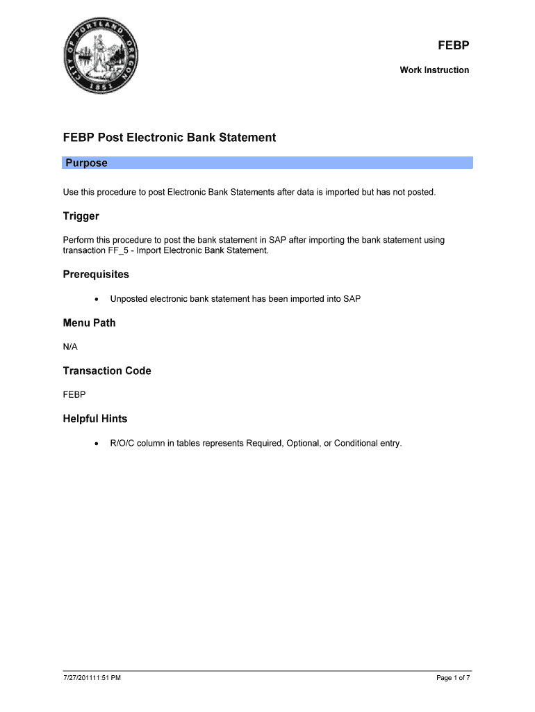 FEBP Post Electronic Bank Statement - The City of Portland, Oregon Preview on Page 1