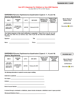 GARDASIL Vaccine Recall Business Reply Card