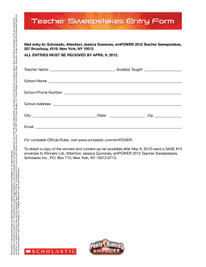 Teacher Sweepstakes Entry Form