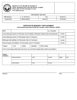 Arizona Pharmacy Certificate Request Form