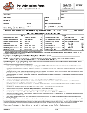 Pet Admission Form for Spay/Neuter Surgery