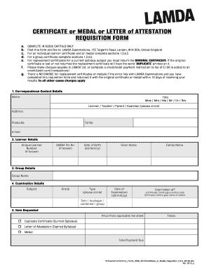LAMDA Certificate or Medal Requisition Form