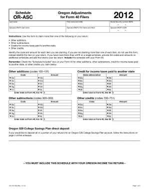 Oregon Schedule OR-ASC for Form 40 Filers