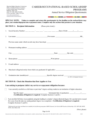Maryland Career/Occupational-Based Scholarship Annual Service Obligation Questionnaire
