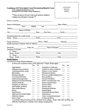 Louisiana 4-H Overnight Event Permission Health Form