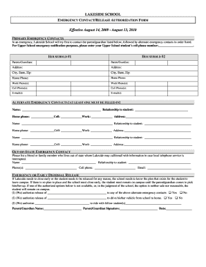 Lakeside School Emergency Contact Release Authorization Form
