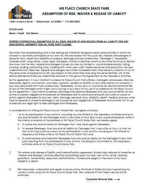 His Place Church Skate Park Waiver and Release of Liability