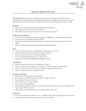 Resume Brainstorming Worksheet