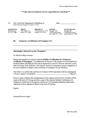 Escrow Agent Letter for Temporary Certificate of Occupancy