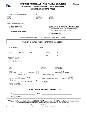 Residential Worker Competency Program Personnel Update Form