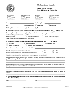 US Trustee Pension and Health Plan Questionnaire