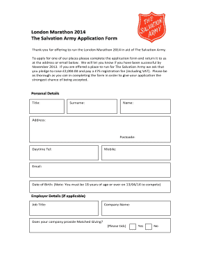 The Salvation Army London Marathon 2014 Application Form