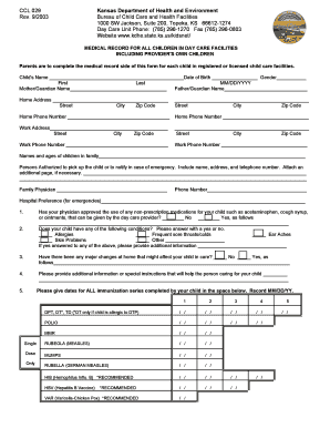 Kansas Day Care Medical Record Form