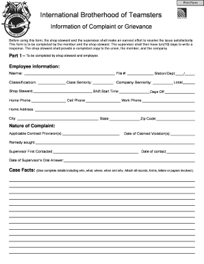 Teamsters Complaint or Grievance Form