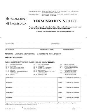 Paramount Health Care Termination Notice