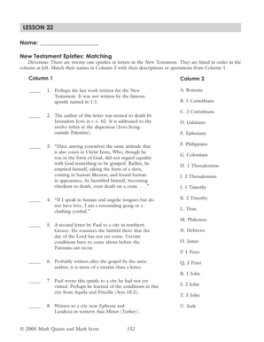 New Testament Epistles Matching Worksheet