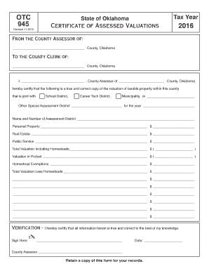 Oklahoma Tax Year 945 Certificate of Assessed Valuations